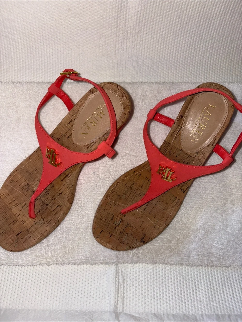 Lauren Ralph Coral Thong Wedge Sandals with Gold RL Emblem